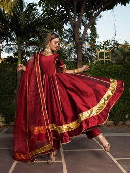 POMCHA - Taffeta Silk Maroon Anarkali (Set of 3)