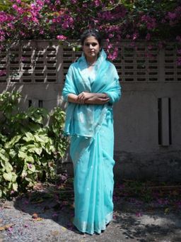 Five Point Five - Gayatri Blue Woven Saree with Unstitched Blouse