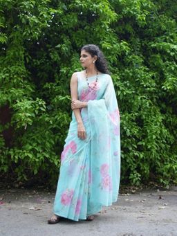 Five Point Five - Komal Blue Printed Saree with Unstitched Blouse