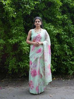 Five Point Five - Komal Green Printed Saree with Unstitched Blouse
