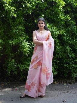 Five Point Five - Juhi Peach Printed Saree with Unstitched Blouse