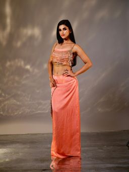Tussya by Shreya - Peach Sutara Bustier And Skirt With Crystal Top