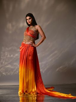 Tussya by Shreya - Orange Swarnima Ombre Pre-Draped Saree with Stitched Blouse