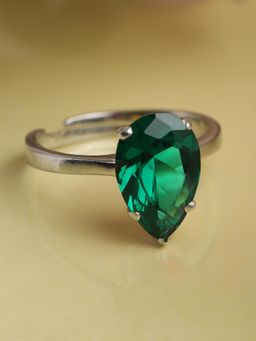 CLARA - Silver Rhodium Plated Swiss Zirconia Dark Green Tear Drop Adjustable Ring For Women & Girls
