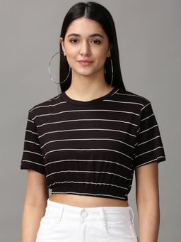 SHOWOFFFF - Womens Short Sleeves Round Neck Black Striped Top