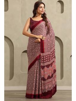 Soch - Women's Maroon Viscose Blend Ajrak Printed Saree With Unstitched Blouse