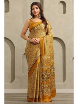 Soch - Women's Olive Viscose Blend Ajrak Printed Saree With Unstitched Blouse