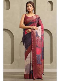 Soch - Women's Purple Viscose Botanical Printed Saree With Unstitched Blouse