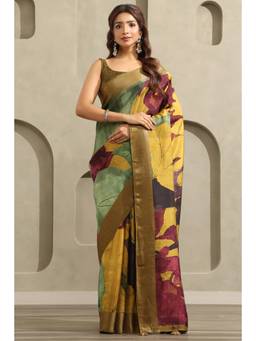 Soch - Women's Multi-Color Viscose Floral Printed Saree With Unstitched Blouse