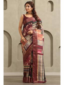 Soch - Women's Maroon Viscose Printed Saree With Unstitched Blouse