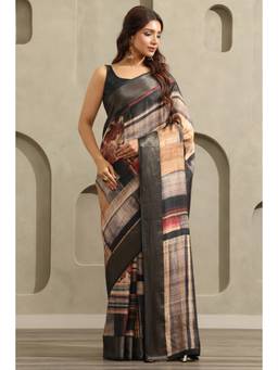 Soch - Women's Black Viscose Printed Saree With Unstitched Blouse