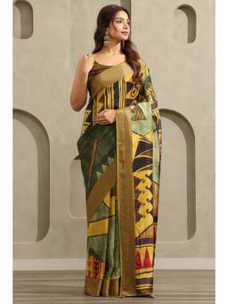 Soch - Women's Green Viscose Printed Saree With Unstitched Blouse
