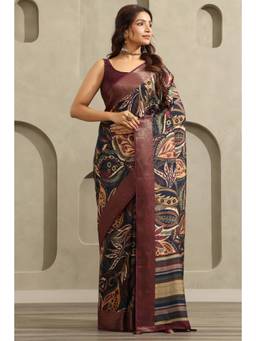 Soch - Women's Viscose Botanical Printed Saree With Unstitched Blouse