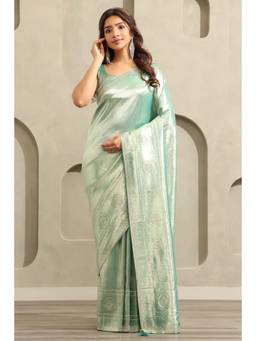 Soch - Women's Turquoise Tissue Ethnic Motifs Woven Design Saree With Unstitched Blouse