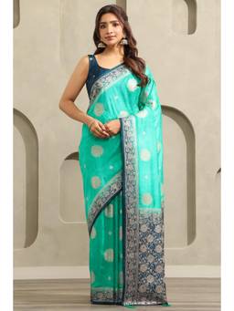 Soch - Women's Teal Viscose Zari Woven Saree With Unstitched Blouse
