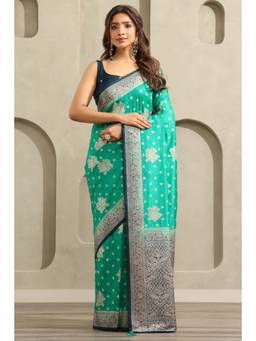 Soch - Women's Turquoise Botanical Zari Woven Saree With Unstitched Blouse