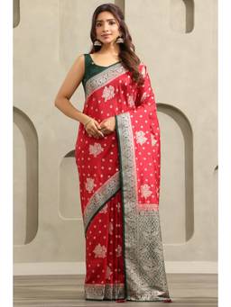 Soch - Women's Maroon Botanical Zari Woven Saree With Unstitched Blouse