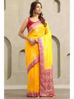 Soch - Women's Yellow Viscose Zari Woven Saree With Unstitched Blouse