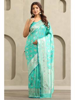 Soch - Women's Blue Silk Botanical Zari Woven Saree With Unstitched Blouse