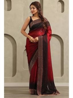 Soch - Women's Maroon Organza Ombre Stone Embellished Saree With Unstitched Blouse