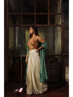 Suave by Neha Arora - Green Meadow Cape With Crop Top And Skirt (Set of 3)