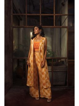 Suave by Neha Arora - Orange Mustard Bloom Crop Top With Jacket And Pant (Set of 3)