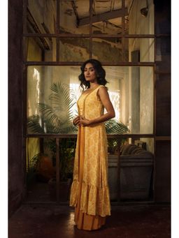Suave by Neha Arora - Yellow Lynx Crop Top With Jacket And Palazzo (Set of 3)