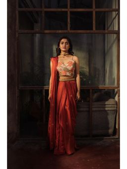 Suave by Neha Arora - Rust Savannah Ready To Wear Saree With Stitched Blouse and Belt