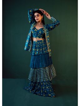 Suave by Neha Arora - Blue Aasmani Embellished Jacket With Crop Top And Skirt (Set of 3)