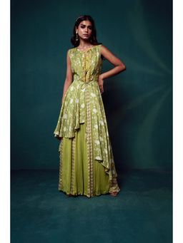 Suave by Neha Arora - Green Dhoop Modern Crop Top With Jacket And Sharara (Set of 3)