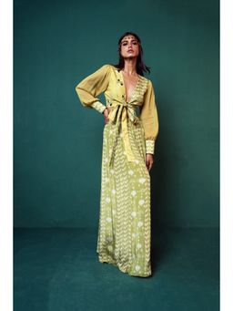 Suave by Neha Arora - Green Dhoop Wrap Crop Top With Skirt (Set of 2)