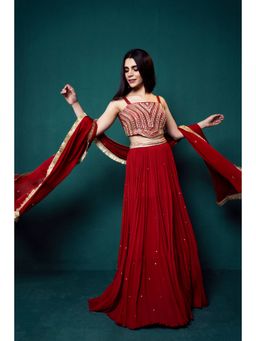 Suave by Neha Arora - Red Surkh Lehenga With Embellished Blouse And Dupatta (Set of 3)