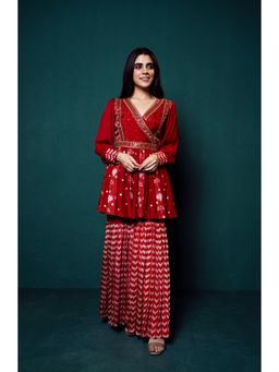 Suave by Neha Arora - Red Surkh Peplum Kurta With Sharara (Set of 2)