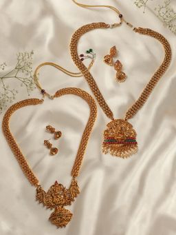 Zaveri Pearls - Set of 2 Gold Tone Goddess Laxmi Temple Necklace Earring Set-ZPFK15374