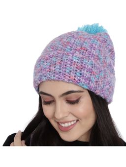 Magic Needles - Women Purple Blue Handmade Beanie with Pompom Detail