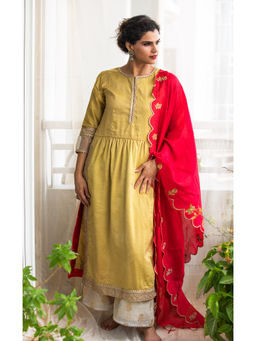 Finethreads by Hina & Nikhat - Womens Embroidered Mustard Kurta with Palazzo and Dupatta