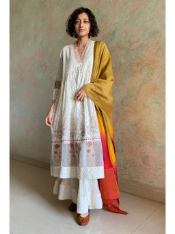 Finethreads by Hina & Nikhat - Womens Embroidered White Anarkali Kurta with Palazzo and Dupatta