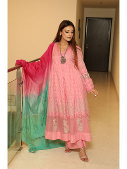 Finethreads by Hina & Nikhat - Womens Embroidered Pink Anarkali Kurta with Palazzo and Dupatta