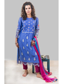 Finethreads by Hina & Nikhat - Womens Embroidered Blue Kurta with Pant and Dupatta