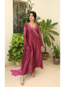 Finethreads by Hina & Nikhat - Womens Embroidered Purple Angrakha Kurta with Pant and Dupatta