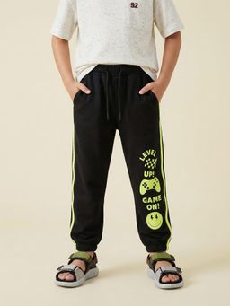 Nautinati - Boys Pure Cotton Black Gamer Printed Joggers