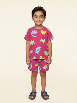 Nautinati - Boys Cotton Dino Print Half-Sleeve T-Shirt With Shorts