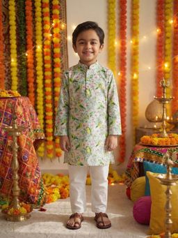 Nautinati - Boys Pure Cotton Festive Resort Style Tropical Print Kurta With Pyjama