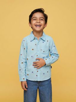 Nautinati - Boys Cotton Linen Blend Football All Over Print Formal Party Shirt