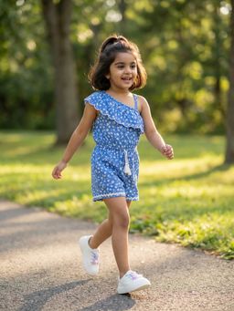 Nautinati - Girls Pure Cotton Asymmetric Off-shoulder Floral Print Playsuit