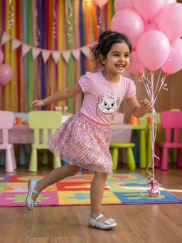 Nautinati - Girls Marie Cat Printed Regular Fit Round Neck T-Shirt With Skirt