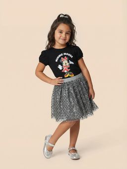Nautinati - Girls Minnie Mouse Printed Regular Fit Round Neck T-Shirt With Skirt