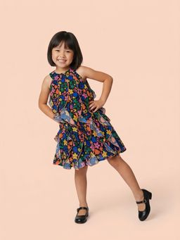 Nautinati - Girls Georgette All Over Floral Print A-line Ruffle Dress
