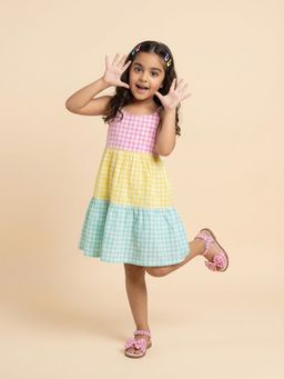 Nautinati - Girls Cotton Blend Gingham Chequered Gathered Strappy Dress