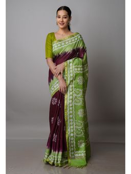 Unnati Silks - Wine & Green Pure Batik Chanderi Silk Saree with Unstitched Blouse